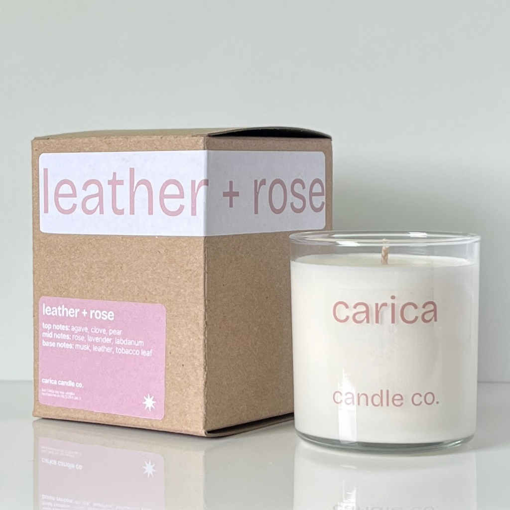 leather + rose soy wax candle