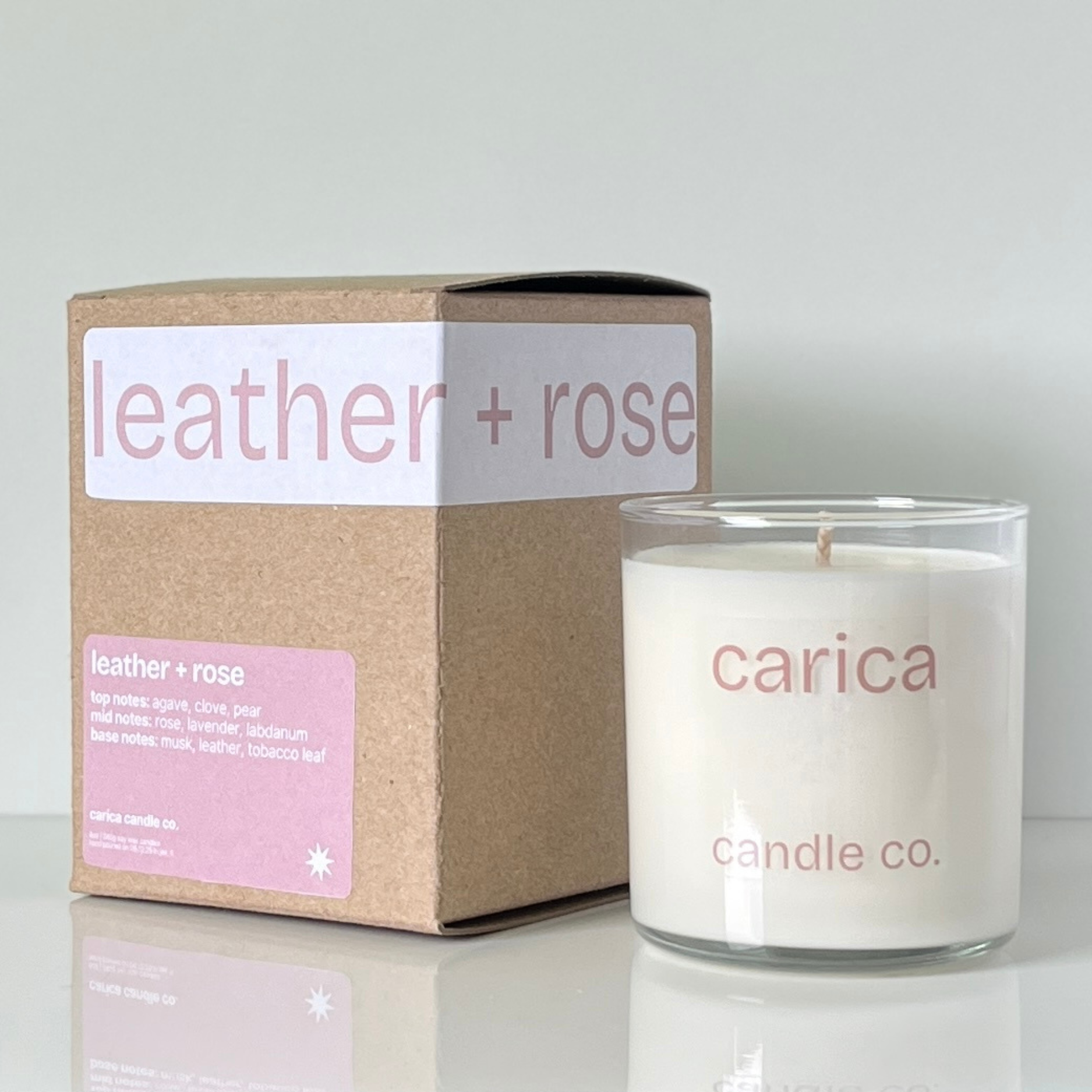 leather + rose soy wax candle